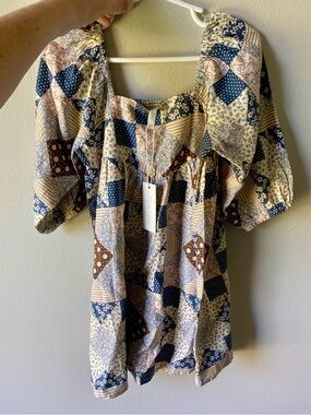 Rylee + Cru Patchwork Dress in Blue, Brown & Cream